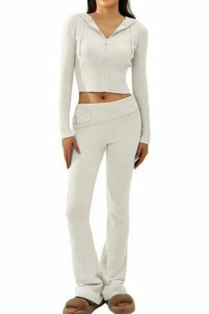 Y2K Cozy Ribbed Knit Lounge Set: Long Sleeve Zip Up Hoodie & High Waist Wide Leg Pant - Casual Streetwear Ensemble Women