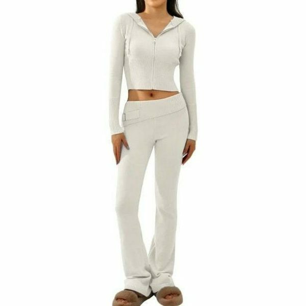 Y2K Cozy Ribbed Knit Lounge Set: Long Sleeve Zip Up Hoodie & High Waist Wide Leg Pant - Casual Streetwear Ensemble Women