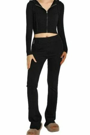 Y2K Cozy Ribbed Knit Lounge Set: Long Sleeve Zip Up Hoodie & High Waist Wide Leg Pant - Casual Streetwear Ensemble Women