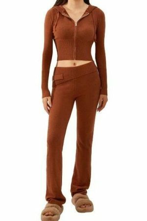 Y2K Cozy Ribbed Knit Lounge Set: Long Sleeve Zip Up Hoodie & High Waist Wide Leg Pant - Casual Streetwear Ensemble Women