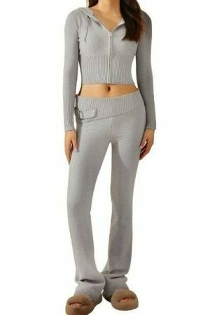 Y2K Cozy Ribbed Knit Lounge Set: Long Sleeve Zip Up Hoodie & High Waist Wide Leg Pant - Casual Streetwear Ensemble Women