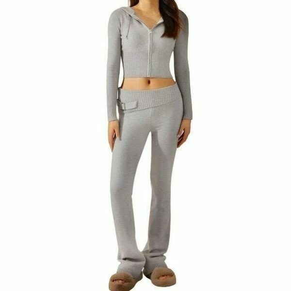 Y2K Cozy Ribbed Knit Lounge Set: Long Sleeve Zip Up Hoodie & High Waist Wide Leg Pant - Casual Streetwear Ensemble Women