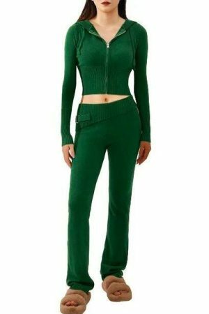 Y2K Cozy Ribbed Knit Lounge Set: Long Sleeve Zip Up Hoodie & High Waist Wide Leg Pant - Casual Streetwear Ensemble Women