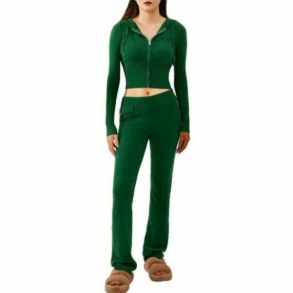 Y2K Cozy Ribbed Knit Lounge Set: Long Sleeve Zip Up Hoodie & High Waist Wide Leg Pant - Casual Streetwear Ensemble Women