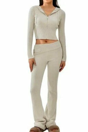 Y2K Cozy Ribbed Knit Lounge Set: Long Sleeve Zip Up Hoodie & High Waist Wide Leg Pant - Casual Streetwear Ensemble Women