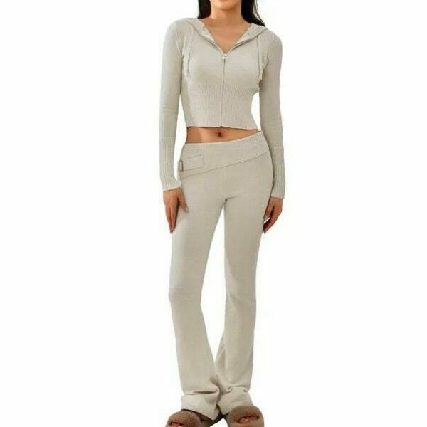 Y2K Cozy Ribbed Knit Lounge Set: Long Sleeve Zip Up Hoodie & High Waist Wide Leg Pant - Casual Streetwear Ensemble Women