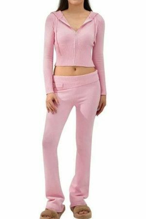 Y2K Cozy Ribbed Knit Lounge Set: Long Sleeve Zip Up Hoodie & High Waist Wide Leg Pant - Casual Streetwear Ensemble Women