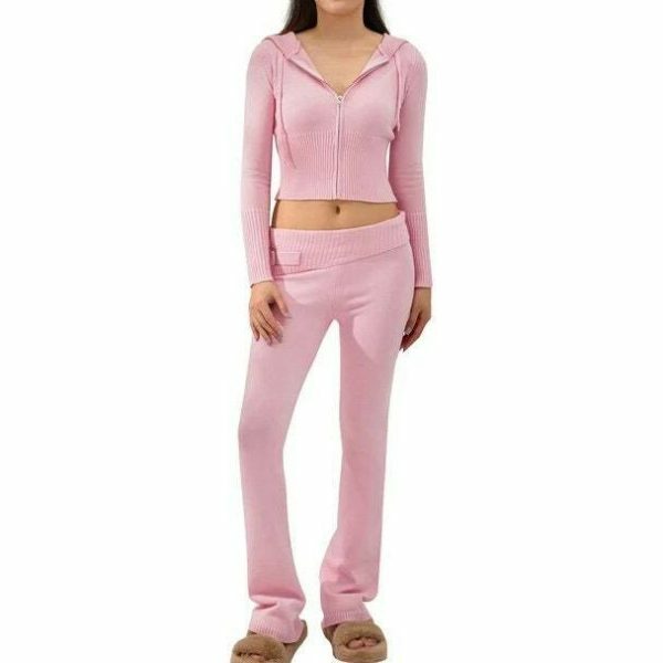 Y2K Cozy Ribbed Knit Lounge Set: Long Sleeve Zip Up Hoodie & High Waist Wide Leg Pant - Casual Streetwear Ensemble Women