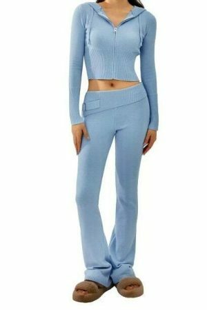 Y2K Cozy Ribbed Knit Lounge Set: Long Sleeve Zip Up Hoodie & High Waist Wide Leg Pant - Casual Streetwear Ensemble Women