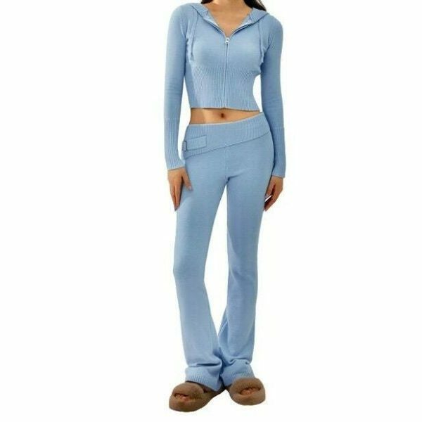 Y2K Cozy Ribbed Knit Lounge Set: Long Sleeve Zip Up Hoodie & High Waist Wide Leg Pant - Casual Streetwear Ensemble Women