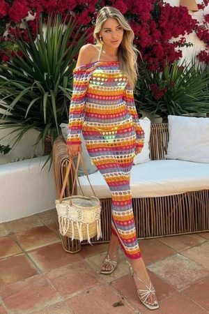 Y2K Crochet Knit Hollow Out Bodycon Dress for Women