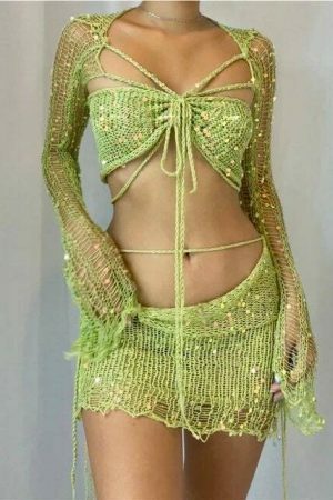 Y2K Crochet Knit Two-Piece Set: Sexy Crop Top & Sequin Dress