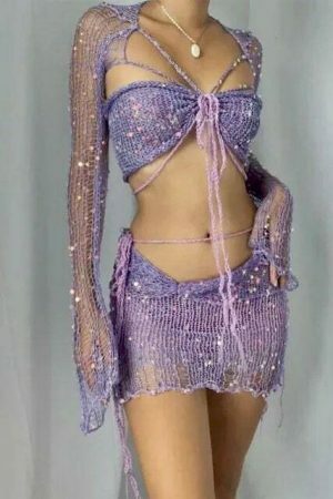 Y2K Crochet Knit Two-Piece Set: Sexy Crop Top & Sequin Dress