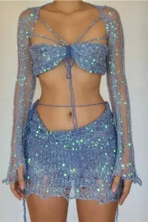 Y2K Crochet Knit Two-Piece Set: Sexy Crop Top & Sequin Dress