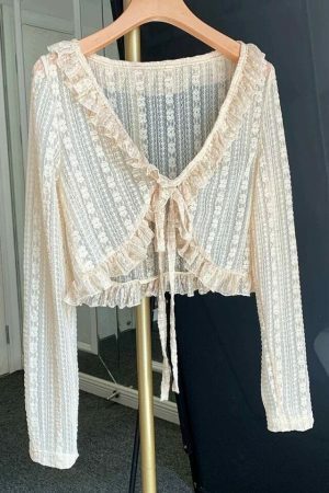 Y2K Cropped Cream Lace Cardigan with Tie - Streetwear Fairycore