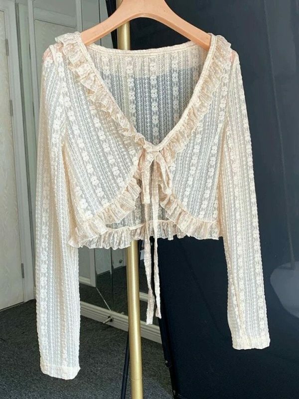 Y2K Cropped Cream Lace Cardigan with Tie - Streetwear Fairycore