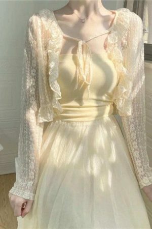 Y2K Cropped Cream Lace Cardigan with Tie - Streetwear Fairycore