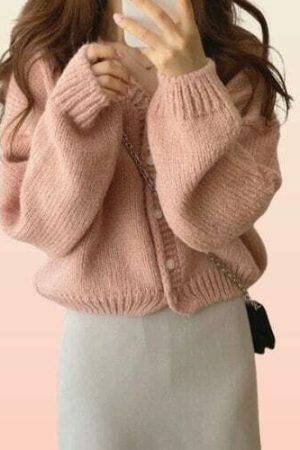 Y2K Cropped Knit Cardigan - High Waist Grandpa Sweater