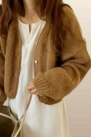 Y2K Cropped Knit Cardigan - High Waist Grandpa Sweater