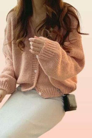 Y2K Cropped Knit Cardigan - High Waist Grandpa Sweater