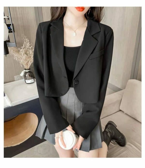 Y2K Cropped Solid Single-Button Blazer for Women - Streetwear Chic Outwear