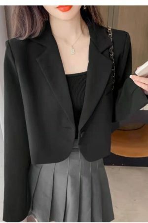 Y2K Cropped Solid Single-Button Blazer for Women - Streetwear Chic Outwear