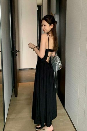 Y2K Cut-out Open Back Spaghetti Strap Maxi Dress in Korean Style