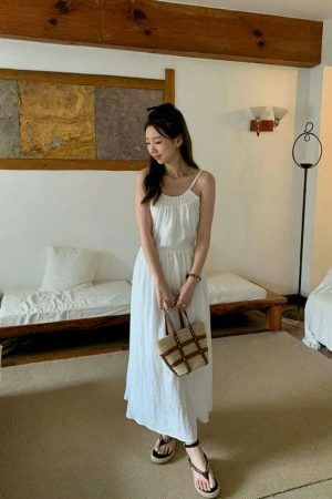 Y2K Cut-out Open Back Spaghetti Strap Maxi Dress in Korean Style