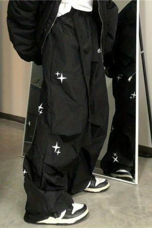 Y2K Cyber Streetwear Unisex Wide Leg Cargo Pants Black