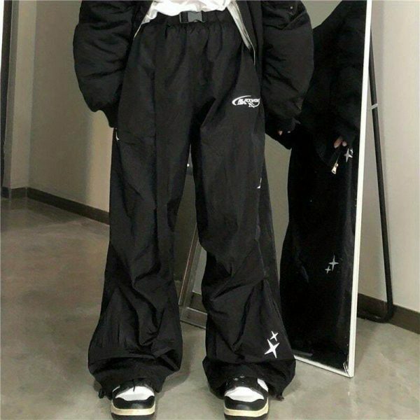 Y2K Cyber Streetwear Unisex Wide Leg Cargo Pants Black