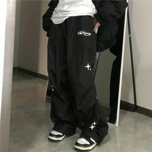 Y2K Cyber Streetwear Unisex Wide Leg Cargo Pants Black