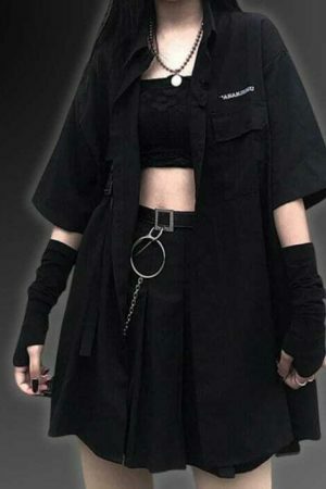 Y2K Cyberpunk Techwear Black Oversized Shirt Korean Fashion Top