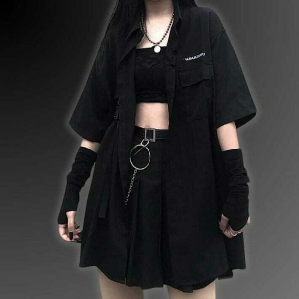 Y2K Cyberpunk Techwear Black Oversized Shirt Korean Fashion Top