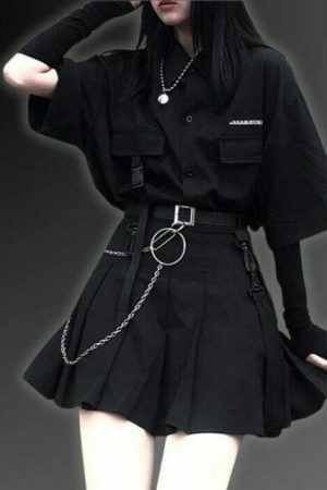 Y2K Cyberpunk Techwear Black Oversized Shirt Korean Fashion Top