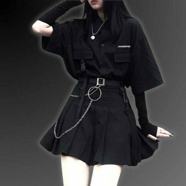 Y2K Cyberpunk Techwear Black Oversized Shirt Korean Fashion Top