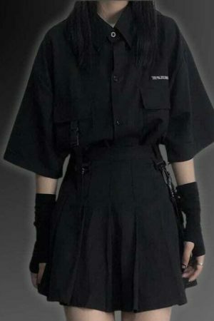 Y2K Cyberpunk Techwear Black Oversized Shirt Korean Fashion Top