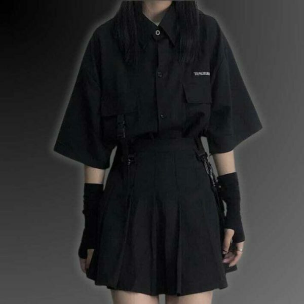 Y2K Cyberpunk Techwear Black Oversized Shirt Korean Fashion Top