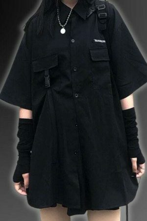 Y2K Cyberpunk Techwear Black Oversized Shirt Korean Fashion Top