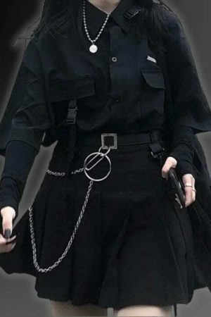 Y2K Cyberpunk Techwear Black Oversized Shirt Korean Fashion Top