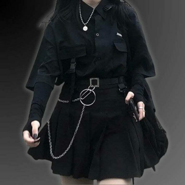 Y2K Cyberpunk Techwear Black Oversized Shirt Korean Fashion Top