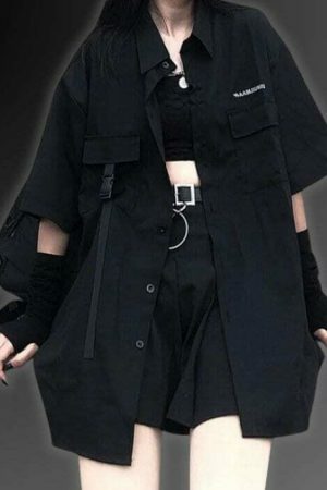 Y2K Cyberpunk Techwear Black Oversized Shirt Korean Fashion Top