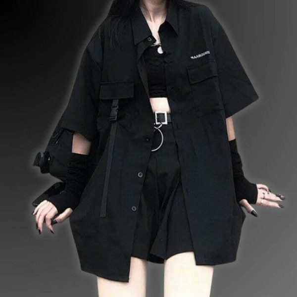 Y2K Cyberpunk Techwear Black Oversized Shirt Korean Fashion Top