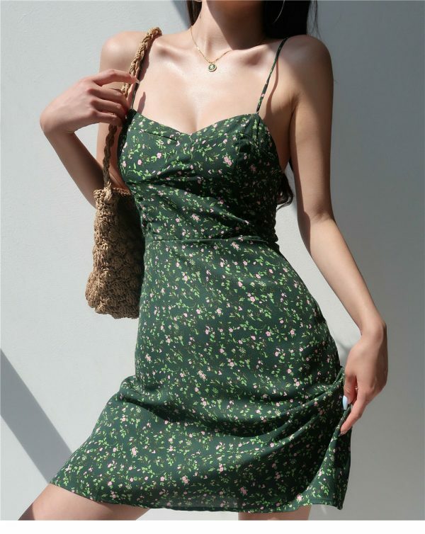 Y2K Dark Green Floral Mini Strap Dress - Chiffon Streetwear Aesthetic