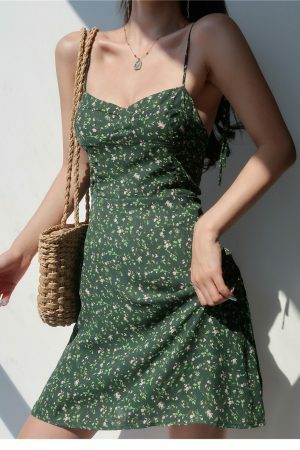 Y2K Dark Green Floral Mini Strap Dress - Chiffon Streetwear Aesthetic