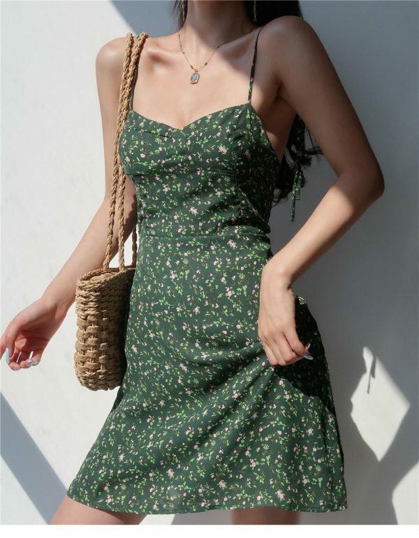 Y2K Dark Green Floral Mini Strap Dress - Chiffon Streetwear Aesthetic