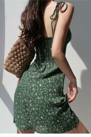 Y2K Dark Green Floral Mini Strap Dress - Chiffon Streetwear Aesthetic