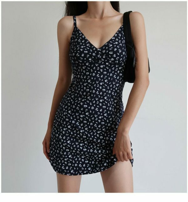 Y2K Dark Navy Ditsy Floral Mini Strappy Dress - Streetwear Aesthetic