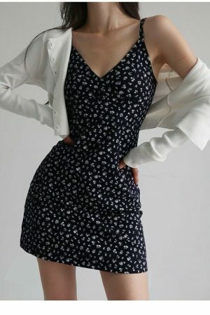 Y2K Dark Navy Ditsy Floral Mini Strappy Dress - Streetwear Aesthetic