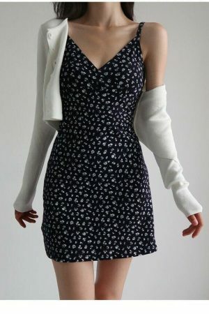 Y2K Dark Navy Ditsy Floral Mini Strappy Dress - Streetwear Aesthetic