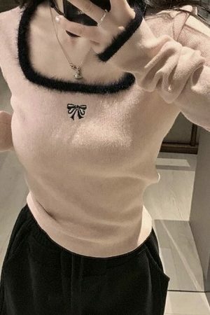 Y2K Delphine Bow Embroidered Streetwear Long Sleeve Top